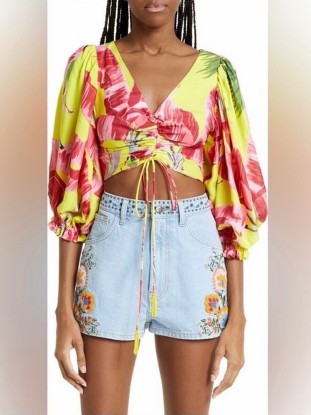 Farm Rio Silky V-Neck Crop Top - Yellow & Pink